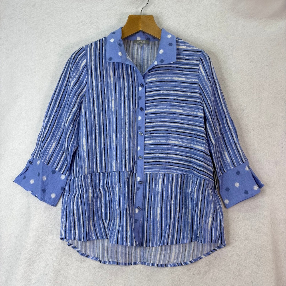 Habitat Striped Mixed Print Button Down Shirt Blue Womens M Lagenlook Coastal